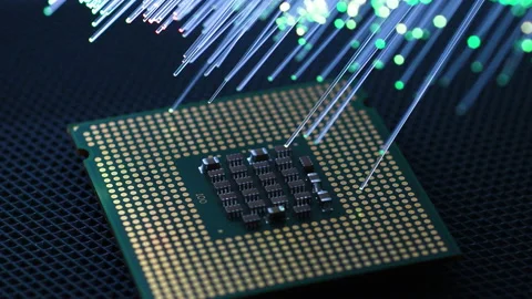 Closeup of computer cpu processor with colored fiber optics Stock Footage 209237344