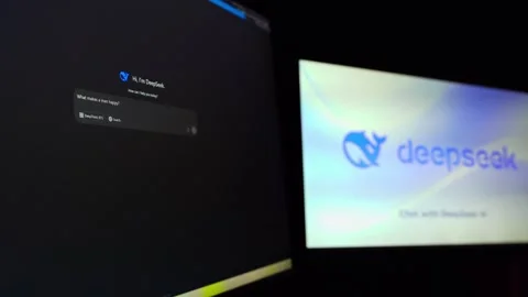 Closeup of computer displaying DeepSeek new AI models, artificial intelligence 스톡 동영상 300660470