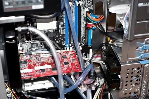 Closeup, computer hardware and cables with motherboard, RAM technology and data 스톡 사진