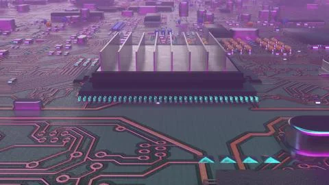 Closeup of computer motherboard. Computer components. 3d illustration イラスト素材