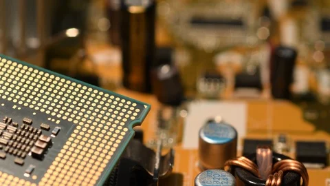 Closeup of Computer Processor CPU on motherboard, rotating dolly. Stock Footage 88535371