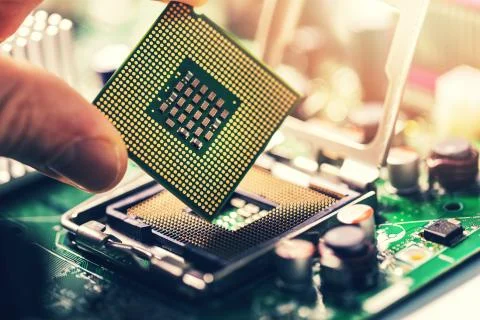 Closeup of computer processor on motherboard cpu socket Foto stock