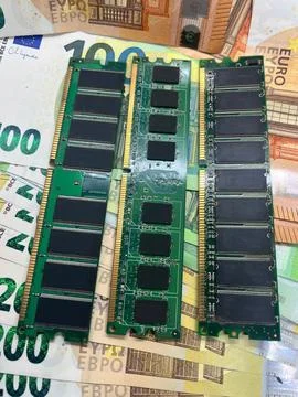 Closeup of computer RAM chips on Euro banknotes 100 Euro 200 Euro Stock Photos