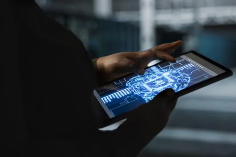 Closeup of computer scientist using AI in data center to track metrics Stock Photos