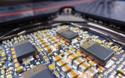 Closeup of computing units on electric board Stock-Fotos