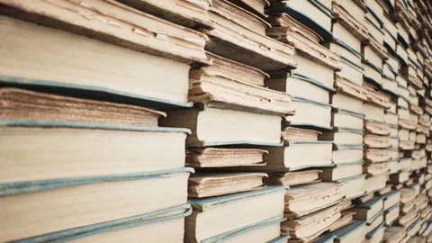 Closeup Concept Stacked of Books in Library room interior. 3D animation. 4K.	 Stock Footage 336718170