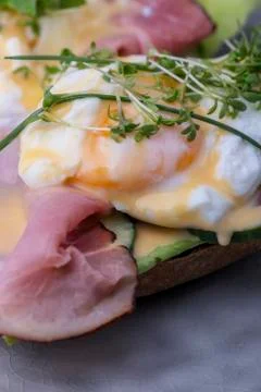 Closeup of a cooked egg with coffee Stock Photos