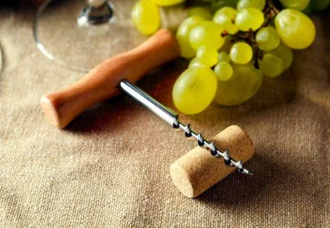 Closeup of corkscrew and cork Stock Photos