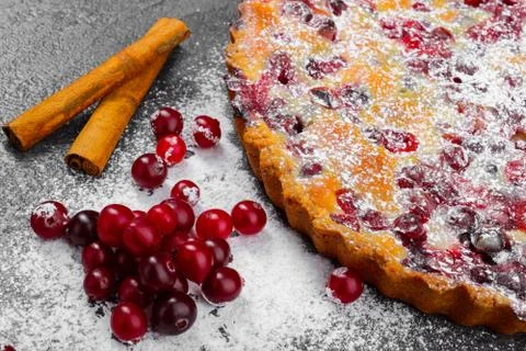 Closeup Cranberry pie on gray background Stock Photos
