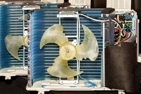 Closeup cross section of the interior of an air conditioner condenser. Stock Photos