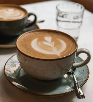 Closeup of a cup of latte with an art pattern on a table in a cafe Fotos de archivo