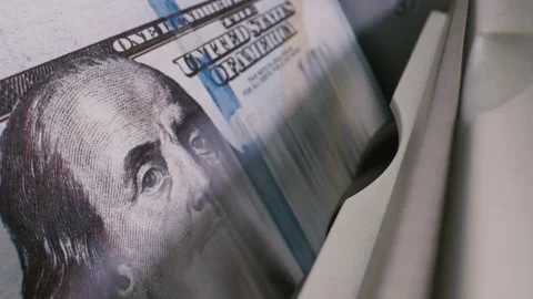 Closeup Currency Counting Machine Counting Dollar Banknotes. Bill Counter Cash Stock Footage 195242839