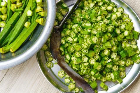 Closeup of cut okras 스톡 사진