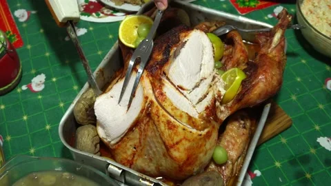 Closeup cutting a cooked turkey with an electric knife at a christmas dinner in Stock Footage 171996203