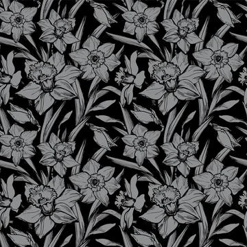 Closeup daffodil hand drawn seamless pattern on black background. Stock Illustration