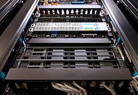 Closeup of data center hardware - front side of server 写真素材