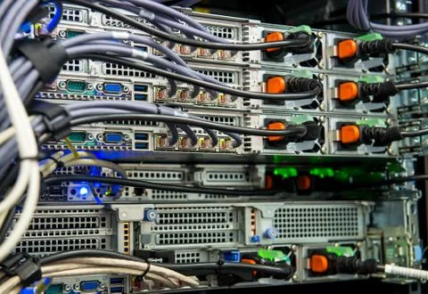 Closeup of data center hardware - rear side of server Stock Photos