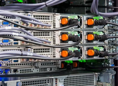 Closeup of data center hardware - rear side of server 写真素材