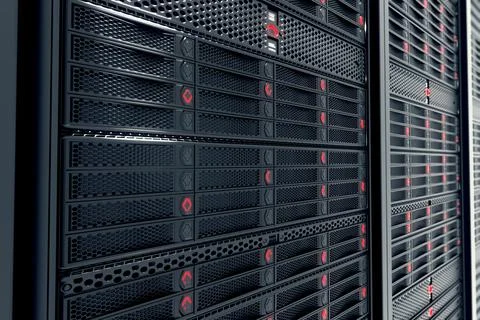 Closeup on data servers while working. Red LED lights are flashing. Image can Foto stock