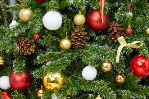 Closeup of a decorated Christmas tree background Stock Photos