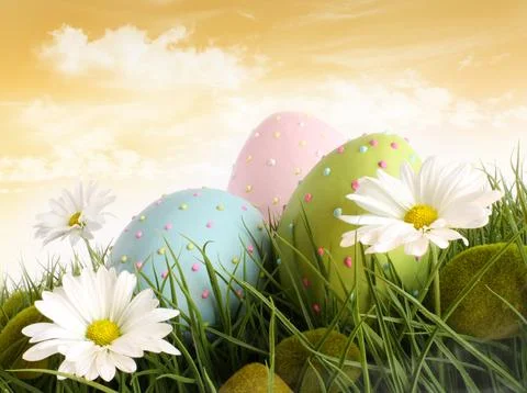 Closeup of decorated easter eggs in the grass with flowers Stock Photos