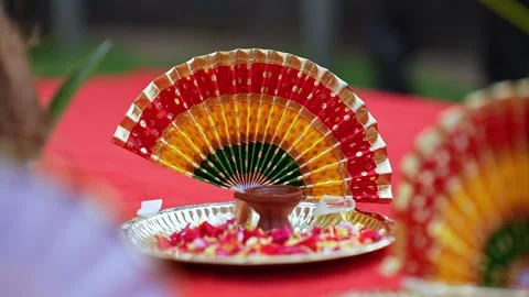 Closeup of decorative multi colour thiru udayada arranged on pooja plate fo.. Video stock 332915985