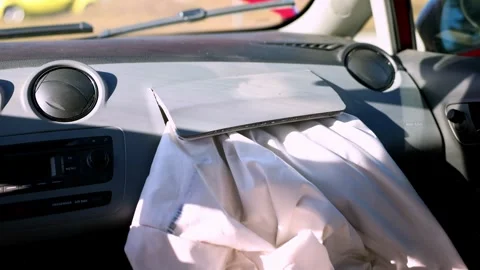 Closeup Of Deployed Passenger Front Airbag After Road Accident. Stock Footage 269005315