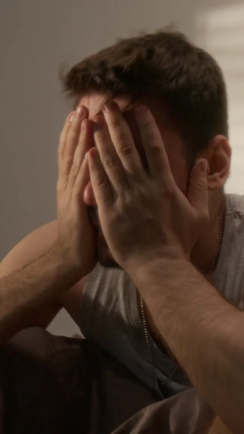 Closeup Depressed Man with Panic Attacks Vertical Video stock 311533561