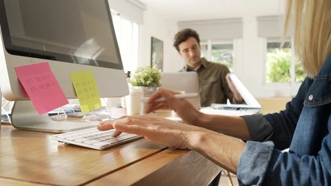 Closeup of designer using graphic tablet and desktop computer Stock Footage 121456801