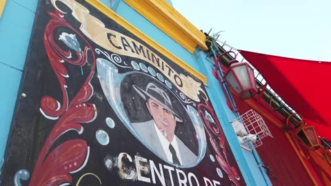 Closeup details of iconic tango portrait of Carlos Gardel in Caminito, La boca Vídeos de archivo 328206668