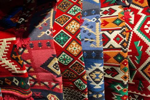 Closeup of different patterns of fabric in a middle eastern market Stock Photos