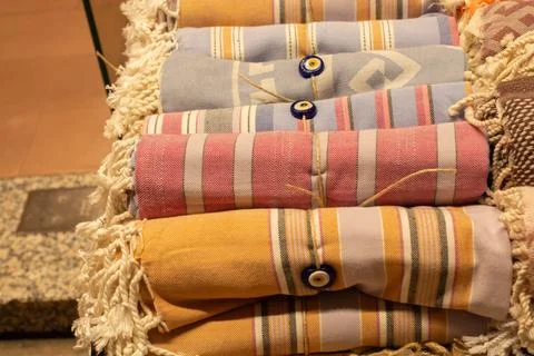 Closeup of different patterns of fabric in a middle eastern market Stock Photos