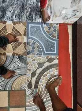 Closeup of different types of building tiles and sanitary display in the stor Fotos de archivo