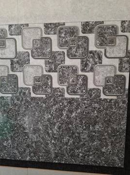 Closeup of different types of building tiles and sanitary display in the stor Fotos de archivo