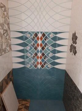 Closeup of different types of building tiles and sanitary display in the stor Fotos de archivo