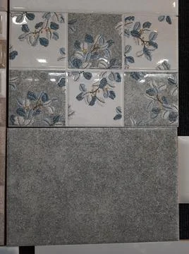 Closeup of different types of building tiles and sanitary display in the stor Fotos de archivo