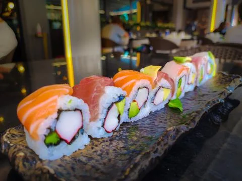 Closeup on a dish of sushi Stock Photos