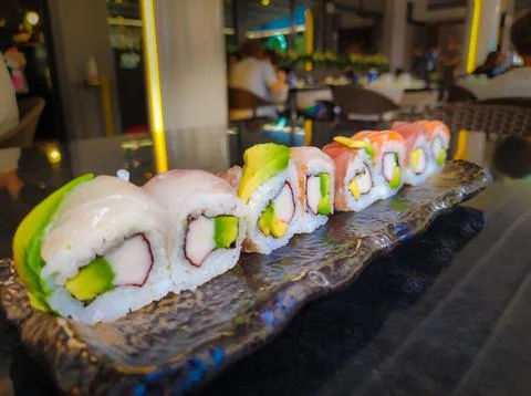 Closeup on a dish of sushi Stock Photos