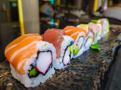 Closeup on a dish of sushi Stock Photos