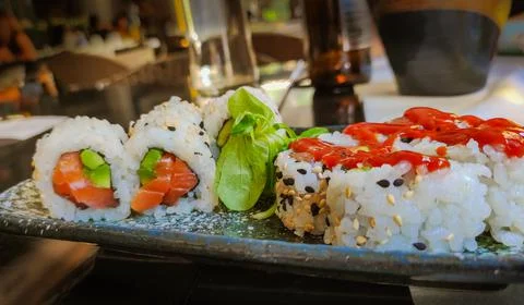 Closeup on a dish of sushi Stock Photos