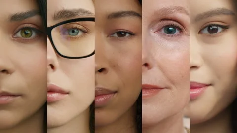 Closeup diverse female half faces collage, Women difference races ethnicity ages Video stock 258522265