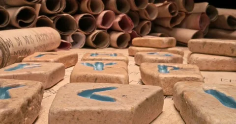 Closeup of divination by stones based on futhark alphabet. Stock Footage 206663628
