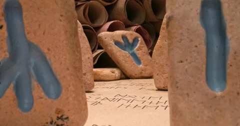 Closeup of divination by stones based on futhark alphabet. Stock Footage 214660671