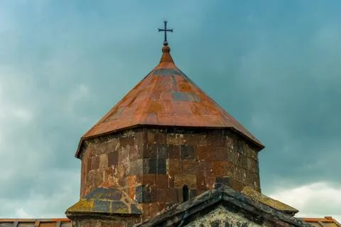 Closeup of the dome of the Sevanavank Monastery on Lake Sevan in Armenia agai 스톡 사진