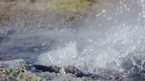 Closeup Dramatic Geyser Eruption, Water Sprays, Steam Rises, In Iceland Stock Footage 82913206