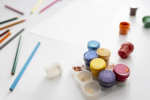 Closeup of drawing elements on the white table Stock Photos