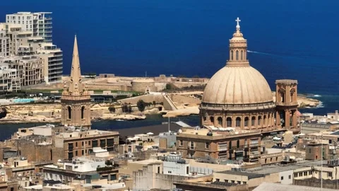 Closeup drone view of cathedral dome in Valletta - capital of Malta Stock Footage 316548934