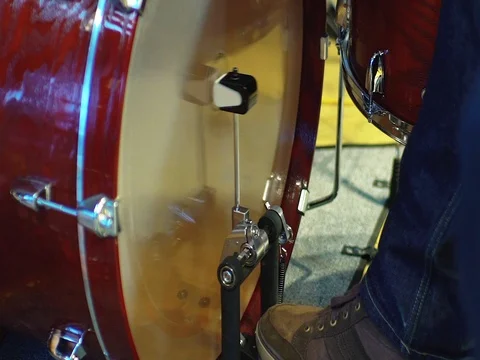 Closeup of drummer's foot moving drum bass pedal, slowmotion Stock Footage 73836016