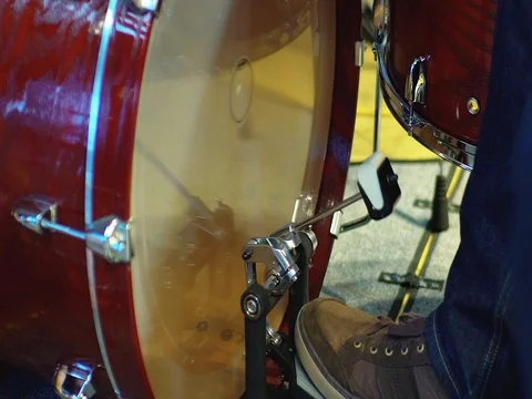 Closeup of drummer's foot moving drum bass pedal Stock Footage 73836089