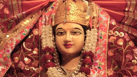 Closeup of Durga Statue Face with Crown and Jewelry Stock Footage 316895232
